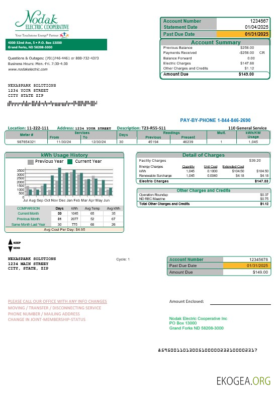 Modèle de facture de services publics pour les entreprises Nodak Electric Cooperative du Dakota du Nord aux formats Word et PDF